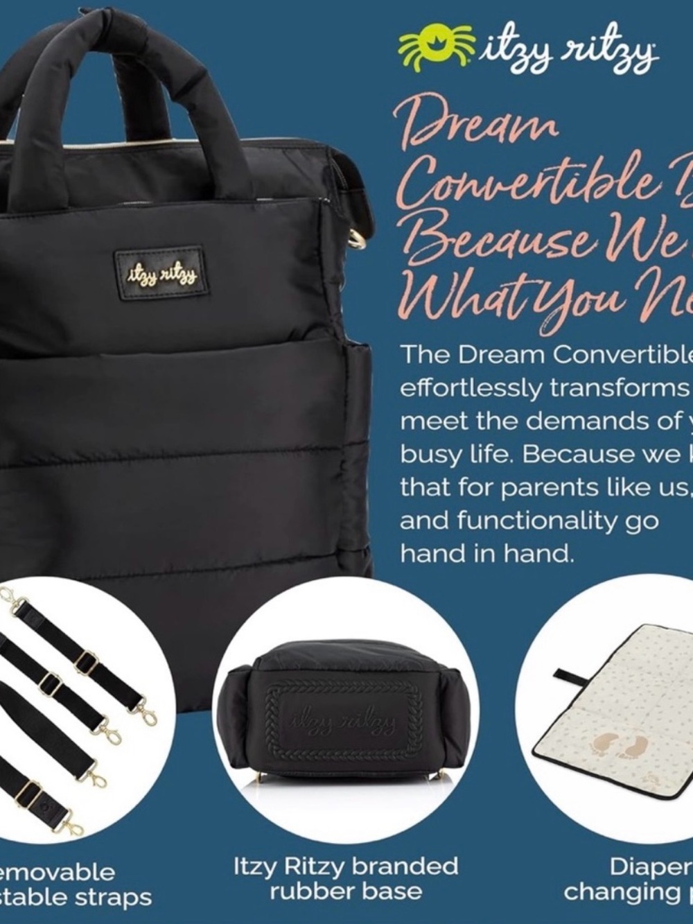 Itzy Ritzy Black Quilted Convertible Backpack Diaper Bag